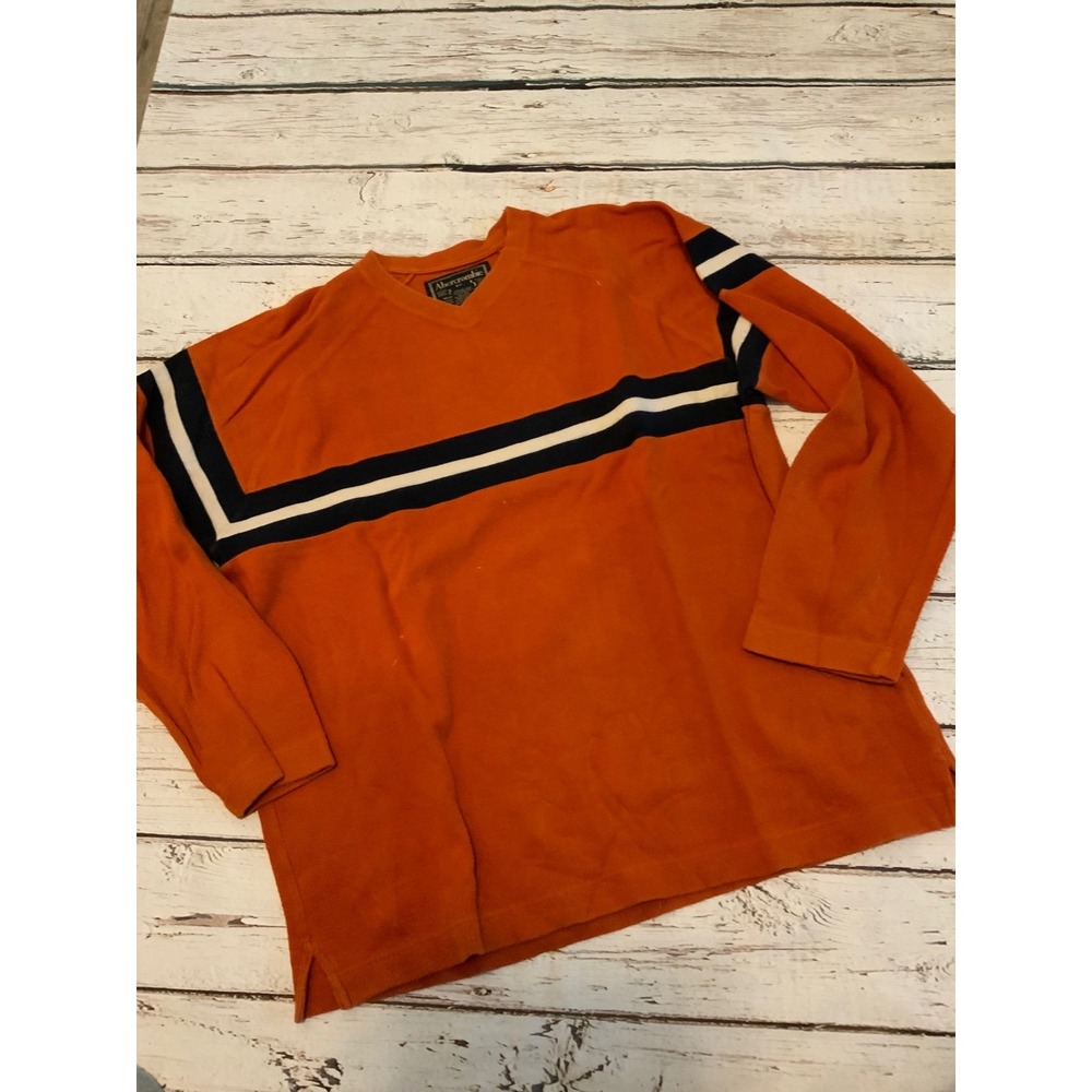 Vintage Abercrombie & Fitch Mens Large Orange Striped Ribbed V-Neck Shirt Y2K
